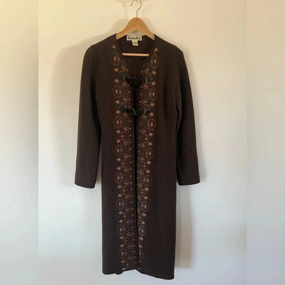 Barrie Pace Wool Brown Embroidered Toggle Button Long Sweater Jacket Small - Picture 1 of 11